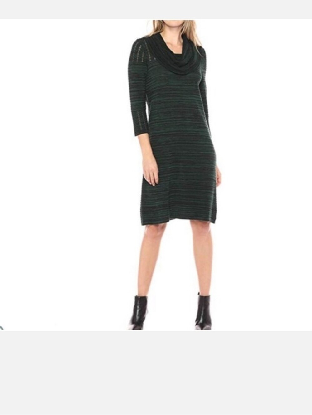 Sandra Darren Dark Green Ribbed Long-Sleeve Cowl Neck Dress